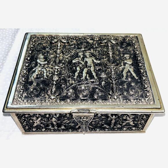 Jewelry Box Vintage Silver-Plated Decorative Velvet Lined Cherubs Flowers
